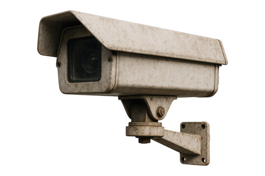 Old heavy-duty outdoor CCTV security camera mounted on wall, isolated on transparent background. Vintage surveillance equipment with weathered metal body, industrial style monitoring system