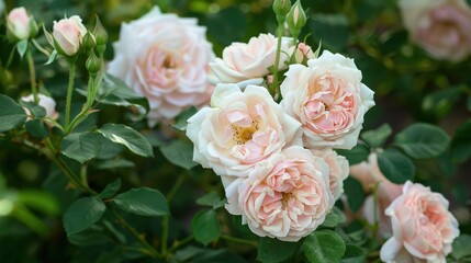Lush Bank's Rose with soft pink and creamy white petals, full blooming blooms, and thorny green stems, growing in a sunny garden bed surrounded by fresh green foliage, exuding romantic and delicate na