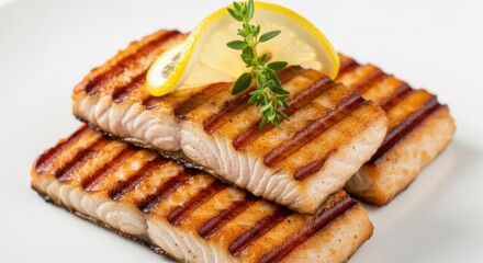 Succulent grilled salmon fillets presented on a white plate with lemon and herbs
