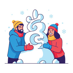 Cozy Winter Fun: A joyful couple, bundled in warm winter wear, gleefully crafts a snowman amidst a flurry of delicate snowflakes. capturing winter joy and camaraderie 