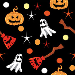 Halloween Illustration with Pumpkin, Ghost, and Witch Broom
