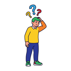 Overwhelmed: A vector illustration captures a moment of confusion as a person is surrounded by question marks. The artwork portrays a person lost in thought, hand on head.