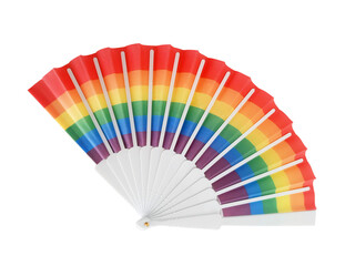 Rainbow fan Pride flag. Open fan painted in the colors of the gay flag isolated. Fan with gay pride colors on a white background.
