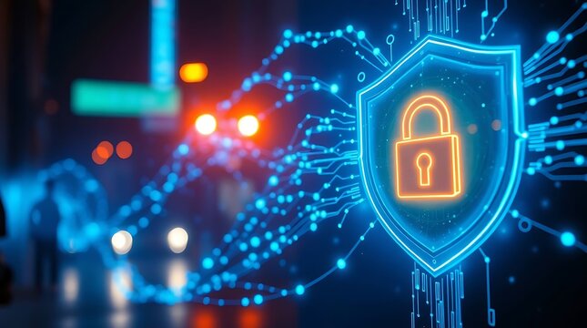 Cybersecurity Concept with Digital Shield and Glowing Padlock Protecting Data Streams