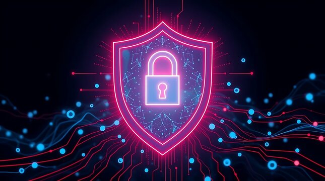 Cybersecurity Concept with Digital Shield and Glowing Padlock Protecting Data Streams