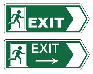 Vector art of green exit sign with running person icon and directional arrow