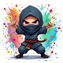 a carefree ninja throwing confetti, in a vibrant cartoon style with paint splashes on a white background.