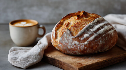 Freshly handmade sourdough bread on wooden board and a cappuccino cup