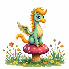 a playful hippogriff sitting on a mushroom, in a cheerful kids illustration style with splashy colors on white background.