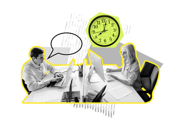 Creative design composite collage of clock time corporate strategy office manager teamwork business man lady sit table talk work computer
