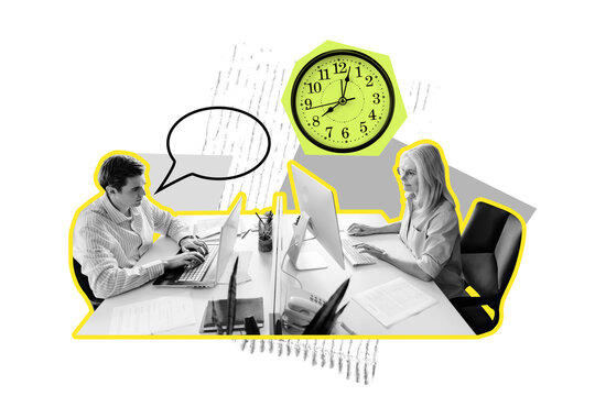 Creative design composite collage of clock time corporate strategy office manager teamwork business man lady sit table talk work computer