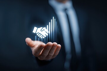 Handshake symbol over rising graph, signifying successful partnership and growth
