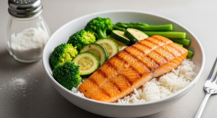 Grilled salmon with broccoli and zucchini rice bowl for healthy eating