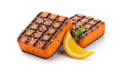 Grilled sweet potato cakes with sesame seeds and lemon wedge on white surface