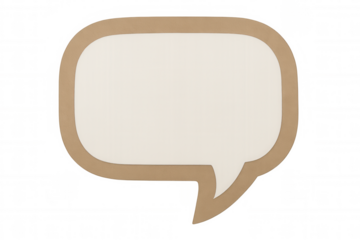 White speech bubble with rounded corners, brown recycled cardboard border, floating against transparent background, ready for custom text insertion