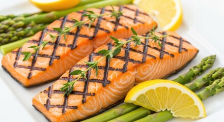 Elegant salmon steaks on plate with fresh asparagus and lemon wedges display