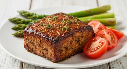 Gourmet grilled tuna steak presentation with fresh asparagus and sliced tomatoes