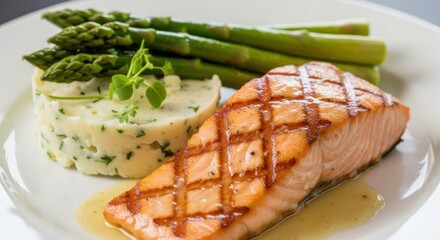 Grilled salmon fillet served with creamy mashed potatoes and fresh asparagus