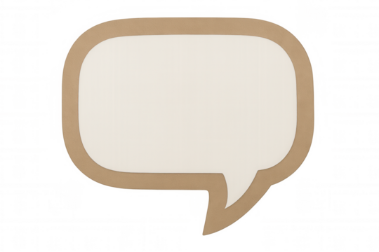 White speech bubble with rounded corners, brown recycled cardboard border, floating against transparent background, ready for custom text insertion