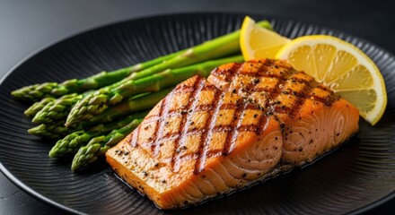 Perfectly grilled salmon fillet plated with vibrant asparagus and lemon garnish