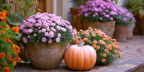Vibrant Autumn Display Featuring Blooming Mums and a Plump Pumpkin on a Charming Outdoor Patio