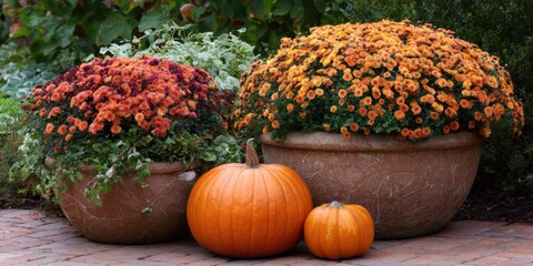 Vibrant Autumn Display of Mums and Pumpkins in Decorative Planters Capturing the Essence of Fall with Rich Colors and Seasonal Charm