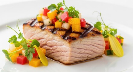 Grilled pork chop crowned with refreshing colorful fruit salsa garnish plate