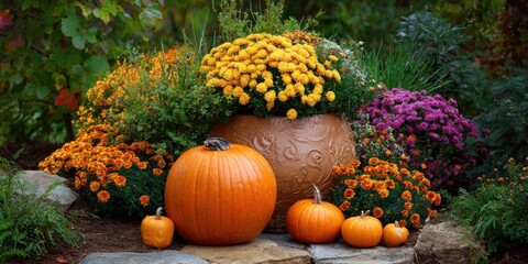 Vibrant Autumn Garden Display Featuring Pumpkins and Colorful Mums in a Decorative Pot Surrounded by Seasonal Foliage and Natural Stone Pathway