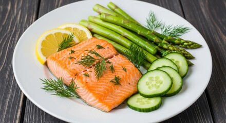 Succulent salmon steak accompanied by fresh garden asparagus and cucumber slices