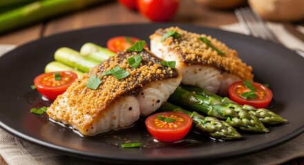 Elegant presentation of pan-seared fish fillets with seasonal fresh vegetables