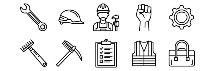 Fototapeta premium Untitled-1A22, construction line icons wrench, helmet, worker, fist, gear, rake, pickaxe, checklist, vest, bag, outline style
