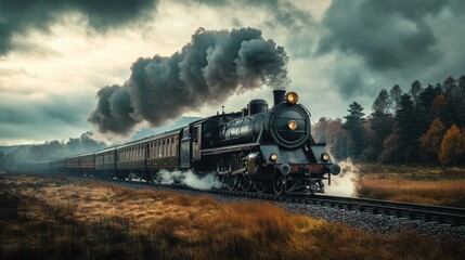 Vintage steam train chugging along the tracks, creating dramatic smoke and scenery