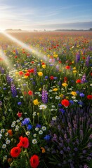 A vibrant meadow of colorful wildflowers basking in the golden morning sunlight with beautiful sun rays