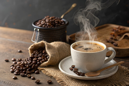 A freshly brewed, steaming cup of hot coffee on a rustic wooden table, surrounded by aromatic, roasted coffee beans spilling from a burlap sack generative ai