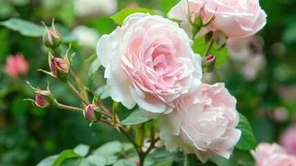 Lush Bank's Rose with soft pink and creamy white petals, full blooming blooms, and thorny green stems, growing in a sunny garden bed surrounded by fresh green foliage, exuding romantic and delicate na