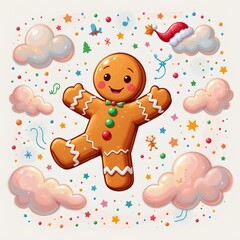 a magical gingerbread man swimming through the sky, in a cheerful kids illustration style with splashy colors on white background.