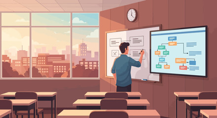 A teacher in a classroom writes on a whiteboard beside a digital screen showing a flow chart Desks are neatly arranged