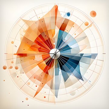 Abstract data visualization artwork with circular radar chart in warm orange and blue, symbolizing analysis, technology, creativity and design, a decorative modern illustration merging science and art