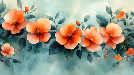 A vibrant watercolor masterpiece featuring intricate floral elements, delicate leaves rendered in 3D detail, and a soft botanical background or wallpaper pattern, perfect for adding a touch 