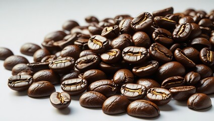 Fototapeta premium A close up studio shot showcases a plentiful heap of roasted coffee beans, displaying their rich, dark brown color and distinct texture on a white surface around them.
