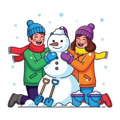 Winter Wonderland Builders: A cheerful duo, wrapped in winter attire, collaborates to construct a jolly snowman, evoking the simple pleasures of winter fun.