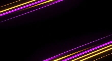 Abstract design with diagonal neon lines of gold and purple on a black background.