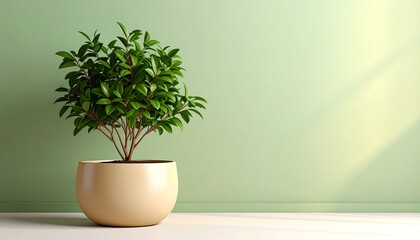 Fototapeta premium Small plant in a light beige pot against a pale green wall.