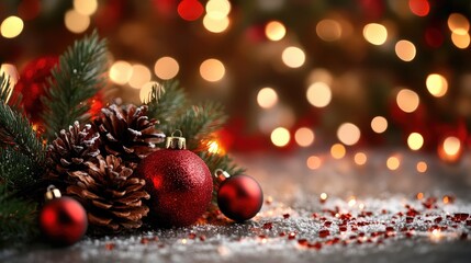 Christmas Decoration with Pine Cones, Ornaments, and Bokeh Lights