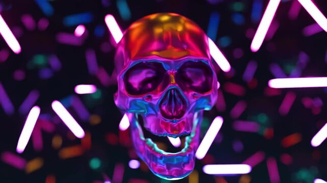Neon Skull Digital Art on Dark Background