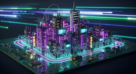 A miniature cyberpunk city built on a circuit board, streets glowing with purple and teal neon lights, blurred background of glowing data streams.