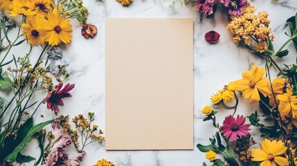 Floral Arrangement with Blank Paper on Marble Surface for Mockup
