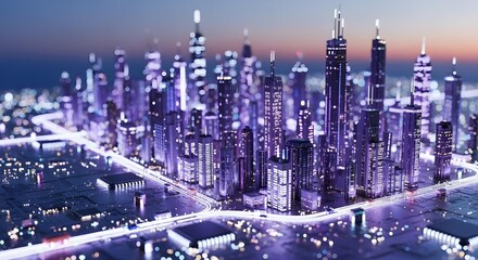 Obraz premium Close-up detail of a miniature futuristic city, glowing with soft neon purple and blue lights, skyscrapers rising like circuit components on a motherboard, set against a blurred twilight horizon.