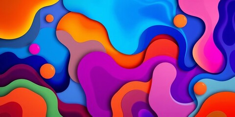 Vibrant, overlapping abstract liquid shapes in various colors, Memphis style, liquid, geometric