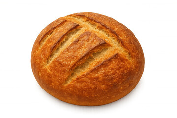 Golden sourdough loaf displaying crisp, caramel-colored crust, perfect for culinary presentations against clean transparent backdrop